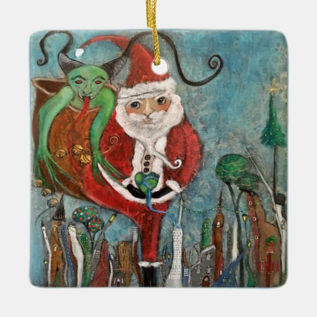 Naughty or Nice Santa and Krampus Art Ceramic Ornament (Front)