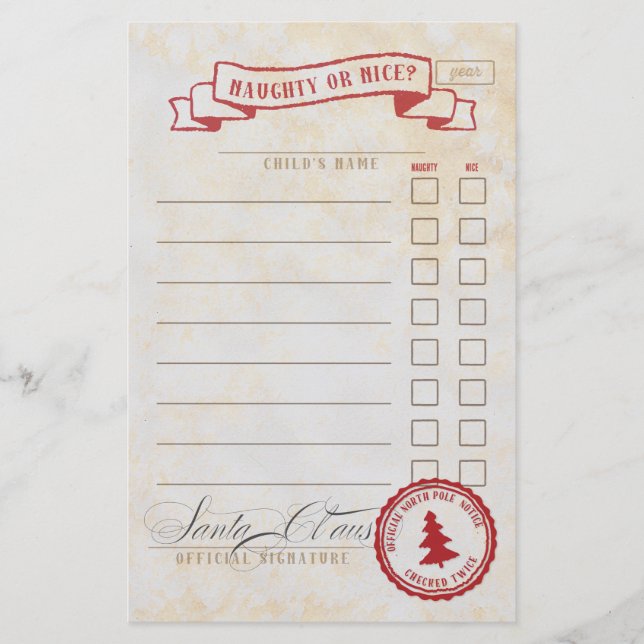 Naughty or Nice Santa Claus Checklist Stationery (Front)