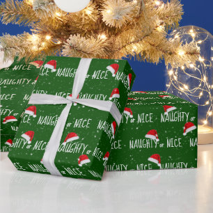 NAUGHTY or NICE Text with Santa Hats Wrapping Paper