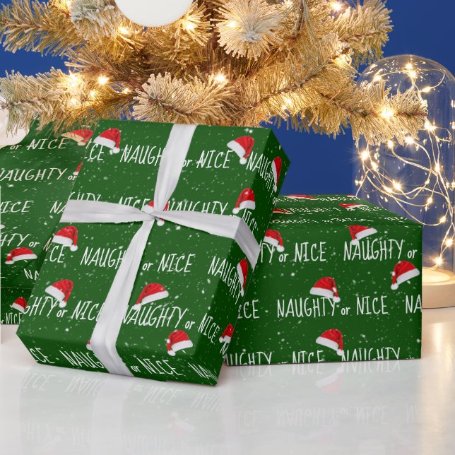 NAUGHTY or NICE Text with Santa Hats Wrapping Paper (Holidays)
