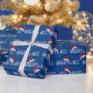NAUGHTY or NICE Text with Santa Hats Wrapping Paper