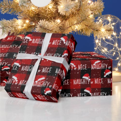 NAUGHTY or NICE Text with Santa Hats Wrapping Paper