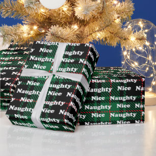 Naughty or nice typography green black plaid wrapping paper
