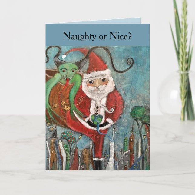 Naughty or Nice Whimsical Art Christmas  Holiday Card (Front)