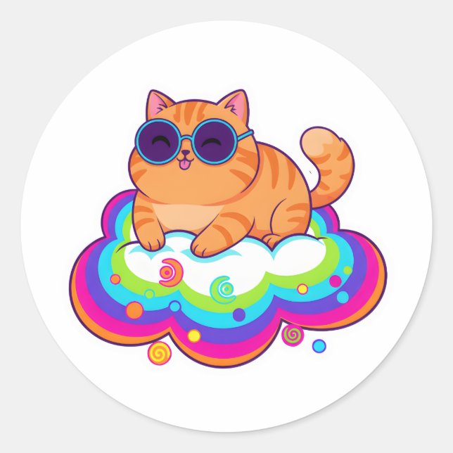 naughty Orange Cat Blep on Rainbow Cloud Classic Round Sticker (Front)
