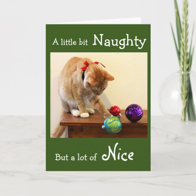 Naughty Orange Tabby with Christmas Ornaments Card (Front)