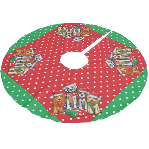Naughty Puppies Santa is Watching Red  Green Cute Brushed Polyester Tree Skirt