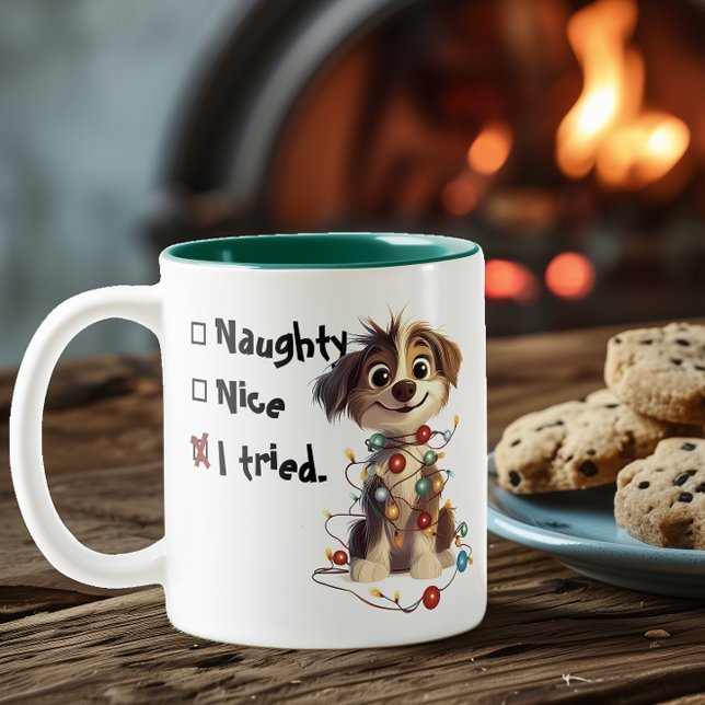 Naughty Puppy Santa Checklist Green Two-Tone Coffee Mug (Creator Uploaded)