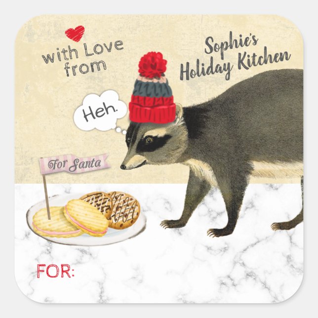 Naughty raccoon eats your Christmas cookies baking Square Sticker (Front)
