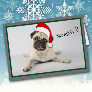Naughty Santa Hat Pug Dog Christmas Cards