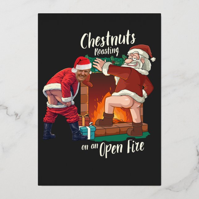 Naughty Santa & Trump Dirty Food Pun Roasting Nuts Foil Invitation (Front)