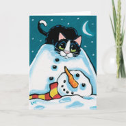 Naughty Tuxedo Cat And Headless Snowman Holiday Card at Zazzle