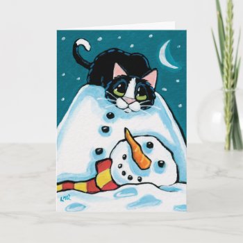 Naughty Tuxedo Cat And Headless Snowman Holiday Card by LisaMarieArt at Zazzle