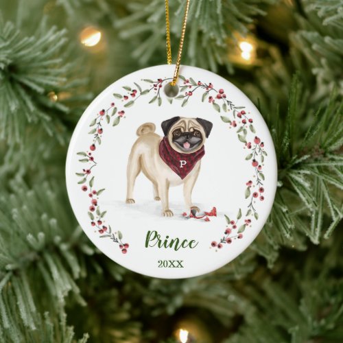 Naughty Watercolor Pug Dog Photo Memory Ceramic Ornament