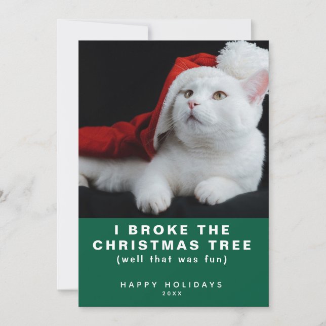 Naughty White Cat with a Red Santa Hat Modern  Holiday Card (Front)
