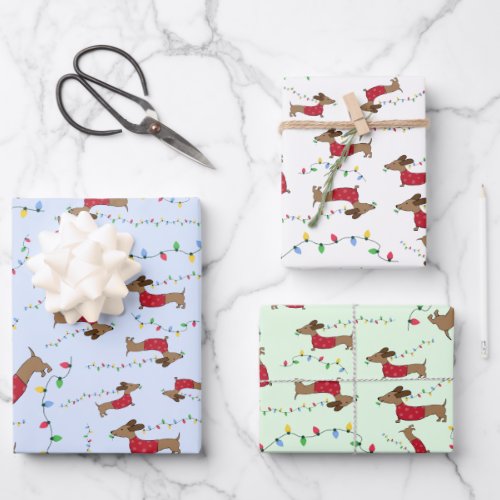 Naughty Wiener Dog Stealing Christmas Tree Lights  Wrapping Paper Sheets