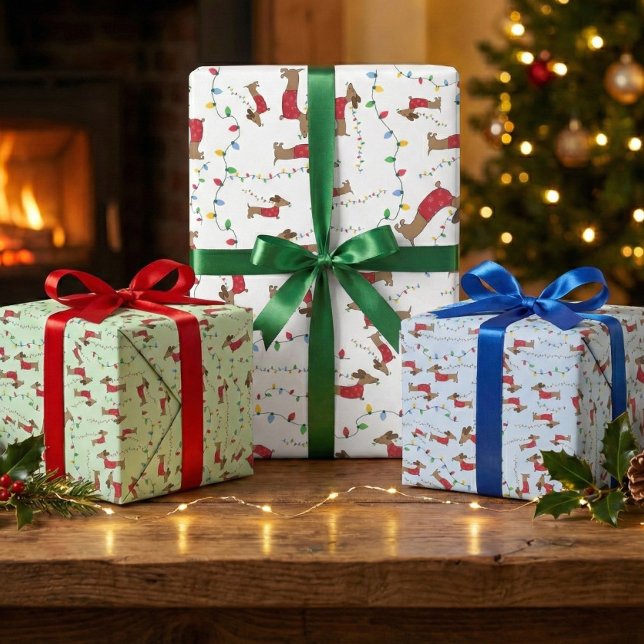 Naughty Wiener Dog Stealing Christmas Tree Lights  Wrapping Paper Sheets (Dachshund wrapping paper for Christmas gifts)