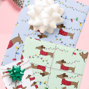 Naughty Wiener Dog Stealing Christmas Tree Lights Wrapping Paper Sheets