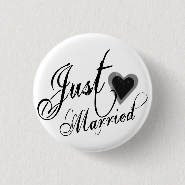 Naughy Grunge Script - Just Married Heart Black Pinback Button (Front)
