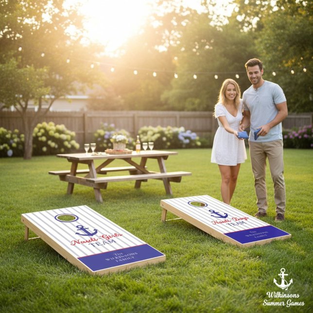 Nauti Boys Anchor Nautical Blue White Stripe  Cornhole Set (Creator Uploaded)