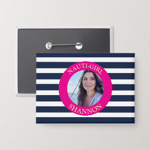 Nauti-Girl Photo Button Pink Navy Stripes