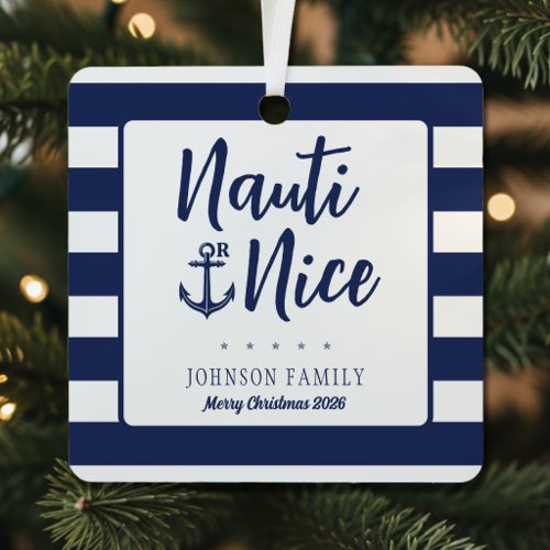 Nauti or Nice Anchor Striped Merry Christmas Metal Ornament