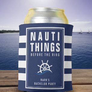 Nauti Things Bachelor Party Ship Helm Blue Striped Can Cooler