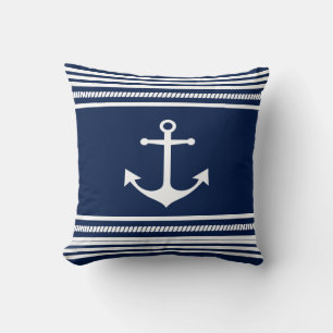 Nautica Pillow, Blue White Stripes, Anchor Pillow