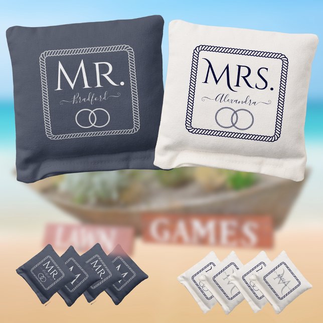 Nautica Wedding Mr. Mrs. Script Navy White Coastal Cornhole Bags (Creator Uploaded)