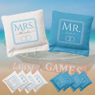 Nautica Wedding Mr. Mrs. Script Teal White Coastal Cornhole Bags