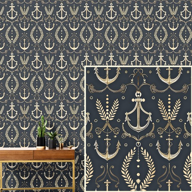 Nautical 0ff-White Anchors & Crests Dark Gray Blue Wallpaper (Creator Uploaded)