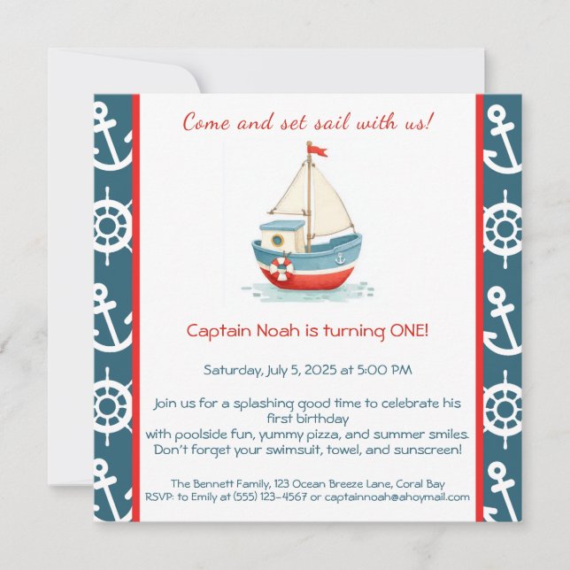 Nautical 1st Birthday Pool Party Invitation  (Front)