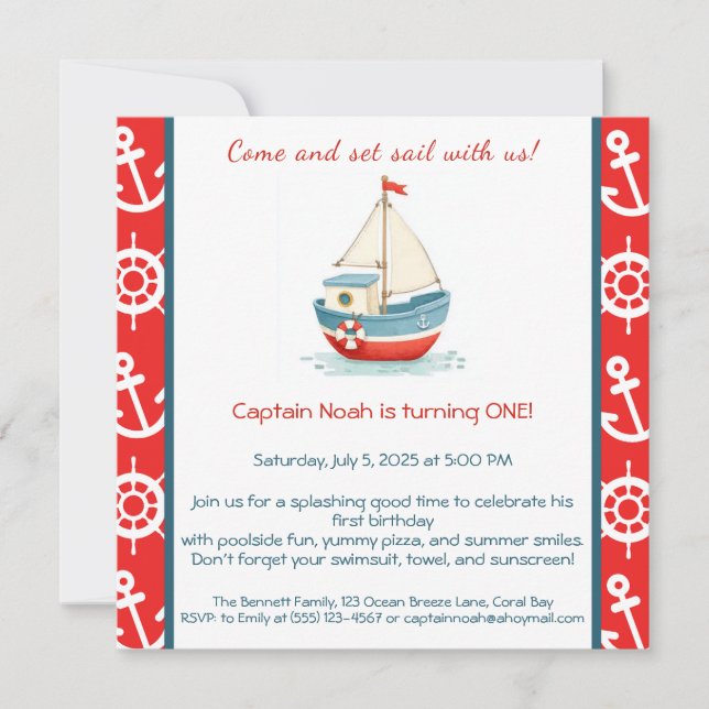 Nautical 1st Birthday Pool Party Invitation  (Front)