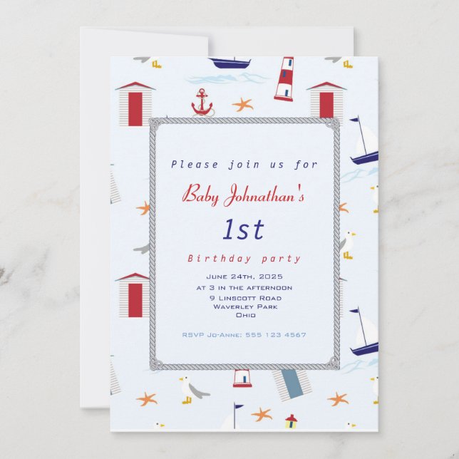 Nautical 1st Birthday Sailboat Birthday Party Invitation (Front)