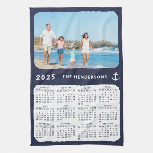 Nautical 2025 Calendar Family Photo Navy Blue Kitchen Towel
