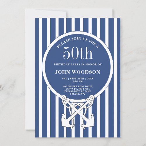 Nautical 50th Birthday Party Navy Blue Guy  Invitation