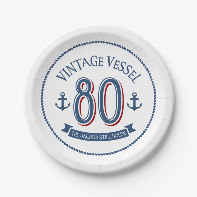 Nautical 80th Birthday Paper Plate (Front)