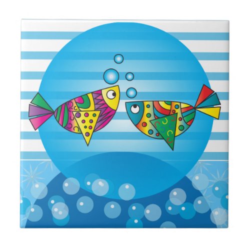 Nautical Abstract Colorful Fish Design Tile