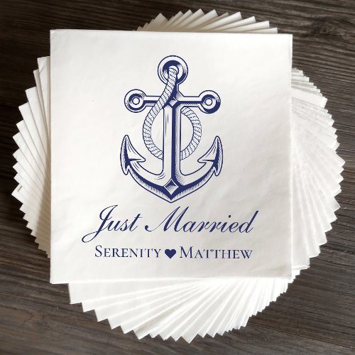 Nautical Achor Navy Blue Just Married Wedding  Napkins