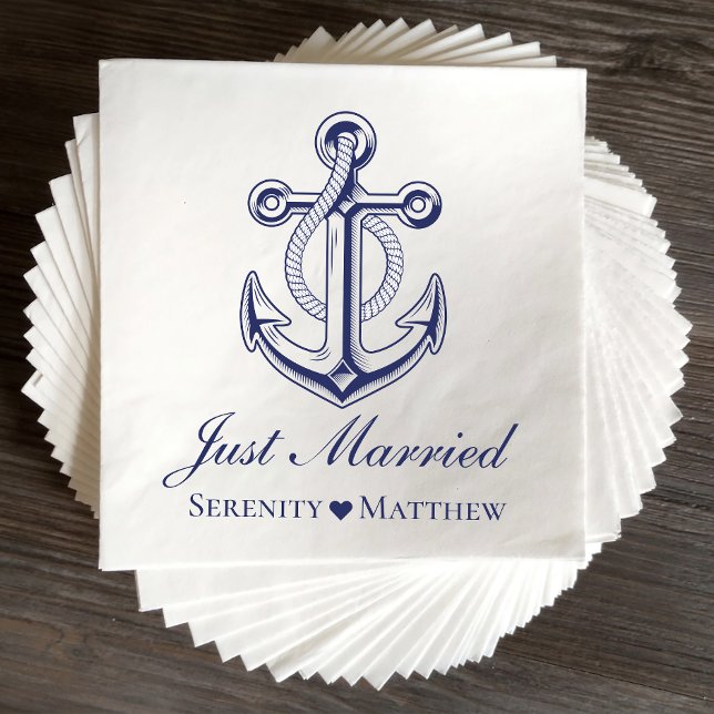 Nautical Achor Navy Blue Just Married Wedding  Napkins (Creator Uploaded)