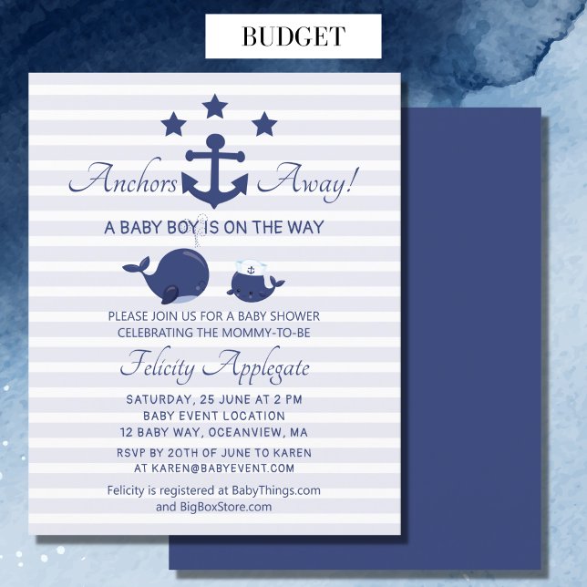 Nautical Achors Away Blue Baby Shower Invitation