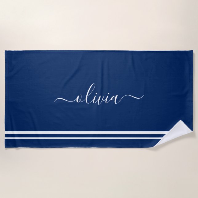 Nautical Add Name Script Navy Blue Striped Beach Towel (Front)