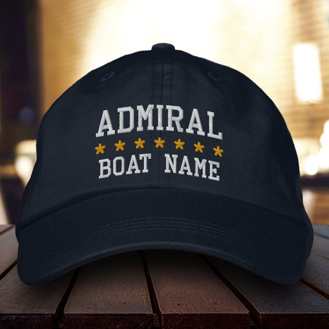 Nautical Admiral Your Boat Name Blue Embroidered Baseball Hat (Choose from a variety of hat colors.)