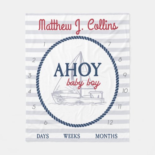 Nautical Ahoy Baby Boy Sailboat Milestone Fleece Blanket