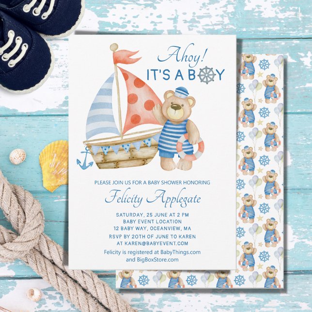 Nautical Ahoy Blue Boy Sailor Bear Baby Shower Invitation