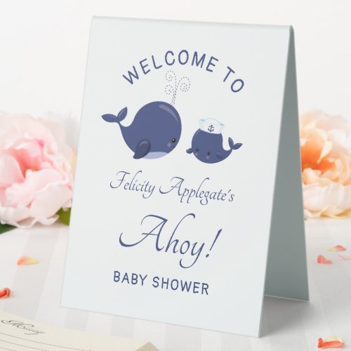 Nautical Ahoy Blue Whales Welcome Boy Baby Shower Table Tent Sign