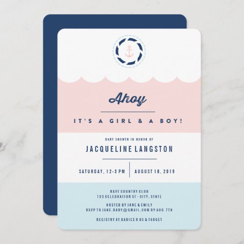 Nautical Ahoy Girl Boy Twins Baby Shower Invite