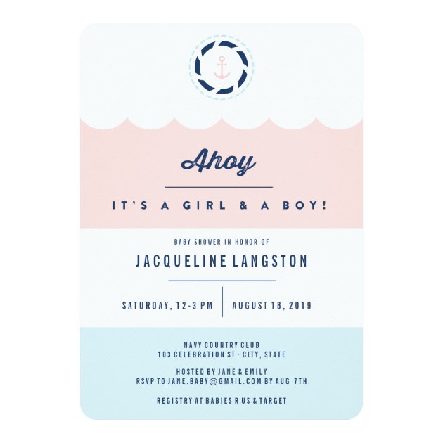 Nautical Ahoy Girl Boy Twins Baby Shower Invite