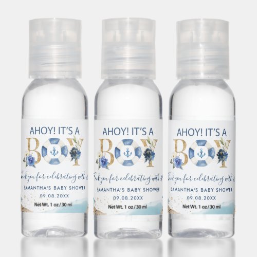 Nautical Ahoy Its a Boy Blue and Gold Baby Shower Hand Sanitizer