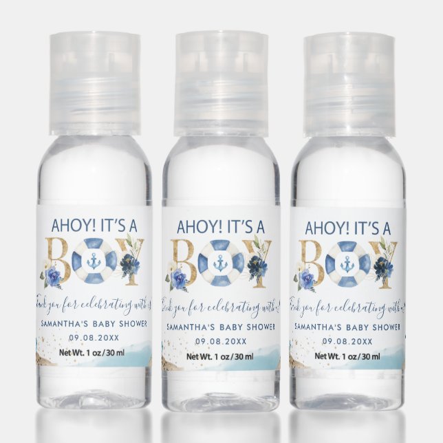 Nautical Ahoy It's a Boy Blue and Gold Baby Shower Hand Sanitizer (Set)